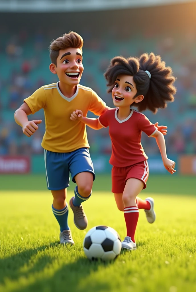 Create an image of a young guy with brown hair, 30 years old. With a 35-year-old girl with medium-length curly black hair . They are both playing soccer and celebrating a goal.