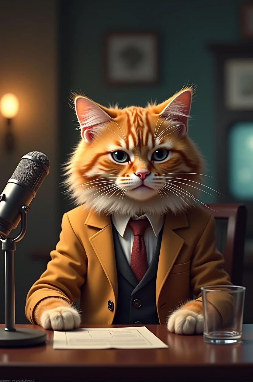 Create a detailed image of a fluffy ginger cat with a serious expression, wearing a vintage suit jacket and tie. The cat is sitting at a desk in a dimly lit, cozy setting, with a microphone and a glass of water on the table. The background should be slightly blurred, capturing the ambiance of a classic radio or TV studio."
