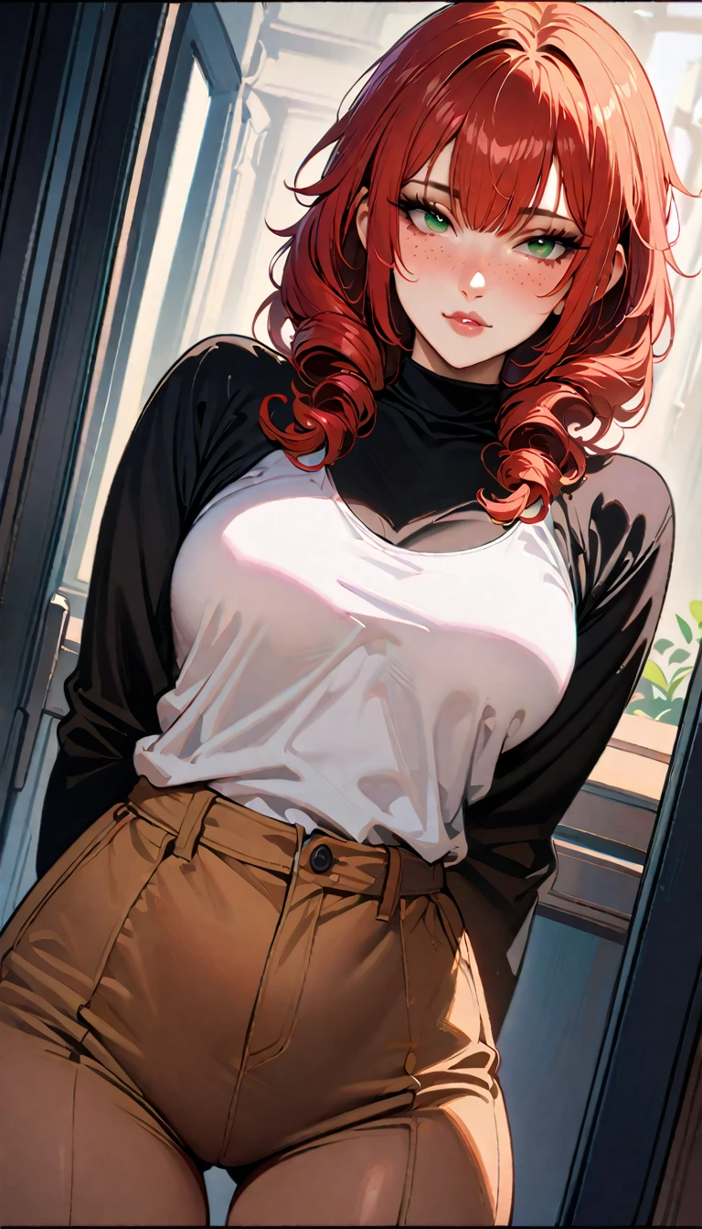 (high quality, 8k, 4K, high contrast, artwork:1.2, high quality, best aesthetics), (centered), ((1 woman)), erotic, sensual, mature body, grown woman, super detailed, beautiful face detailed, beautiful eyes detailed, detailed beautiful mouth, (long curly red hair), (green eyes), (freckles on cheeks), (black eyeliner), (pink eyeshadow), (blushing), (relaxed expression), (facing the camera), (penetrating gaze), (standing), (straight body posture), (hands behind the back), (angle from the front of the woman), (front view), (casual clothes)