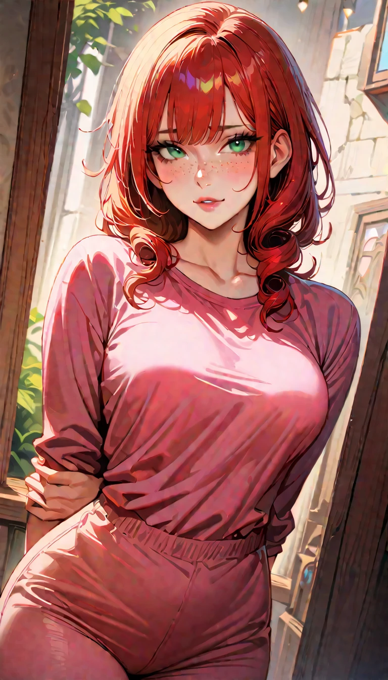 (high quality, 8k, 4K, high contrast, artwork:1.2, high quality, best aesthetics), (centered), ((1 woman)), erotic, sensual, mature body, grown woman, super detailed, beautiful face detailed, beautiful eyes detailed, detailed beautiful mouth, (long curly red hair), (green eyes), (freckles on cheeks), (black eyeliner), (pink eyeshadow), (blushing), (relaxed expression), (facing the camera), (penetrating gaze), (standing), (straight body posture), (hands behind the back), (angle from the front of the woman), (front view), (casual clothes)