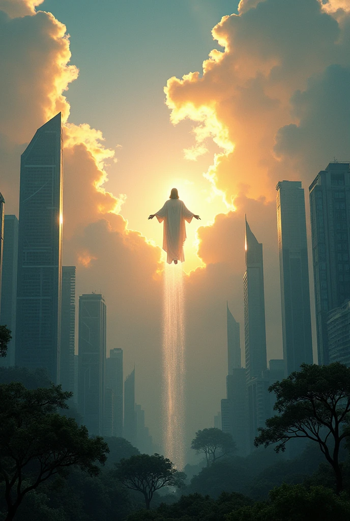 ((Best resolution:1.4)), ((high quality:1.2)), Work of art, 8k, extremely detailed, ((High detail:1.2)), cinematic photo, a very beautiful technological city, modern houses and trees, mid night sky, (clouds opening in the sky with a yellow light, from the yellow light comes Jesus Christ in the dim of times), 