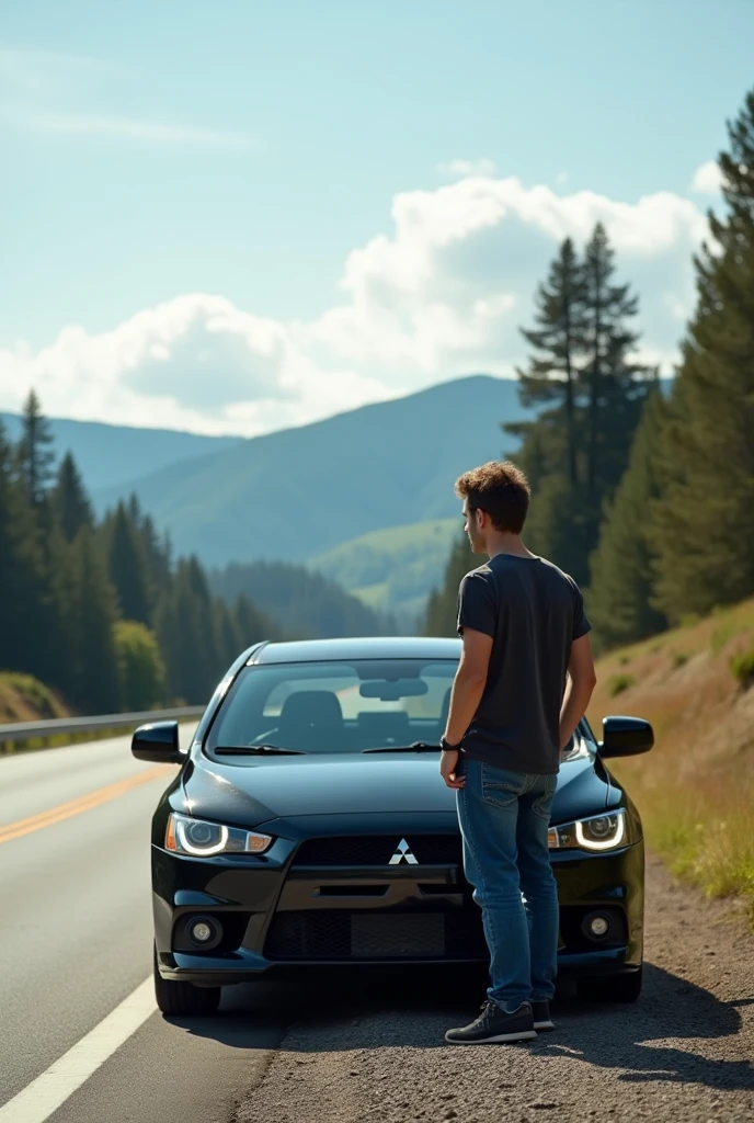 A young 25 year boy park him Mitsubishi nisan black colur car in highways and he look for highways