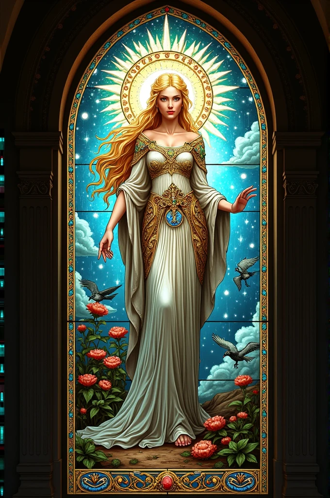 Stained Glass Mural, Catholic Chirch Shrine, Female, Beautiful Blonde Woman, Goddess of Earth Wind Sky and The Elements, Celtic Influence, Birds and Rain, Holy Druid, Halo