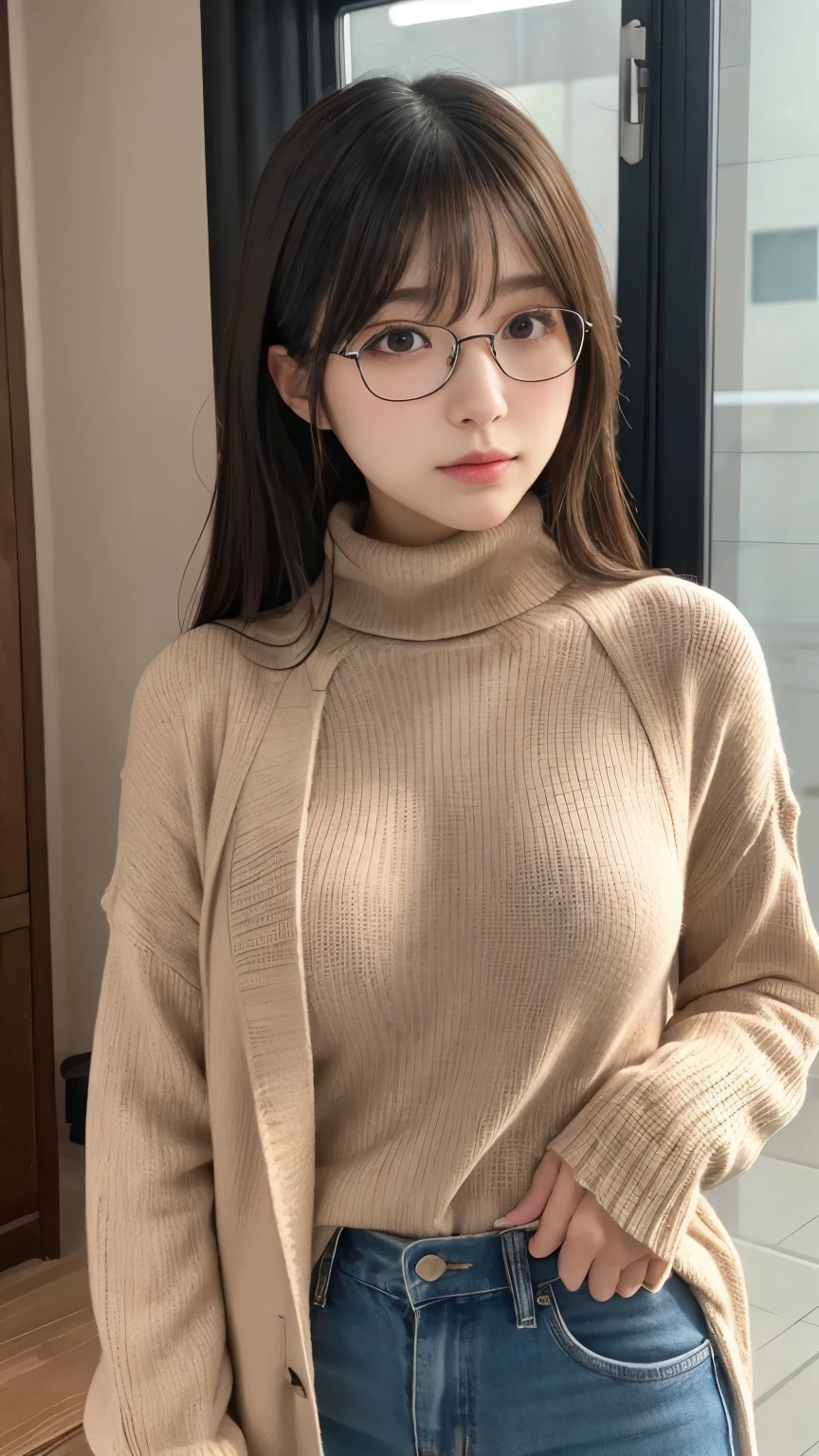 wide background, indoor, wide room、japanese bedroom, futon, blanket、(disheveled pixie cut:1.2)、8K、Raw photography。top-quality、hightquality、Extreme Detail Photography、Eye for extreme detail、Super Detail Face、Hair in super detail、Super detail body、(Photography Lighting:1.3)、1girl in、The face is about 18 years old.、Puffy eyes、Eyes in good shape。Brown-eyed、dark brown short hair、good lips、Small lips、(Medium chest:1.3)、good breasts、Natural makeup、Raw photo, Best Quality, masutepiece, ultra-detailliert, 超A high resolution, Realistic, (white cable knit turtleneck sweaters:1.3)、(detailed fabrics:1.3), cleft chin, (slanted eyes), (windsor glassses:1.2), korean/japanese, ultra-realism, RAW Photo, chubby cheeks, playful, thick wool fabric, wide-angle photo, dim lighting
