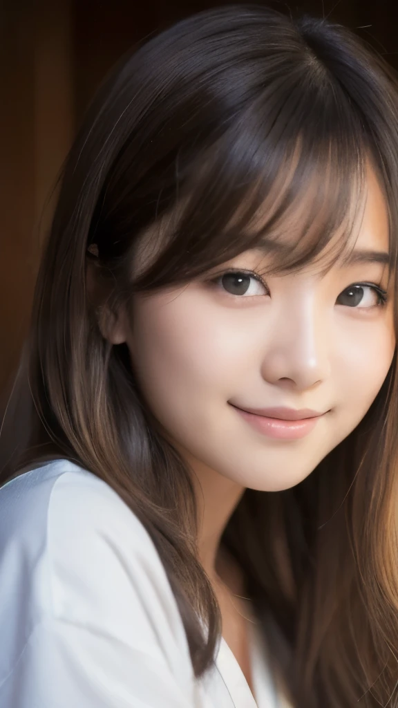 best quality, face focus, soft light, ultra high res, (photorealistic:1.4), RAW photo,(Shinozaki Ai), white skin, kawaii, 1 Japanese girl, solo, cute, (smile), (pupil, lights in the eyes), detailed beautiful face, Medium-sized breasts,(high resolution detail of human skin texture),(long hair),(portrait), upper body, white traditional kimono, no makeup, bedroom