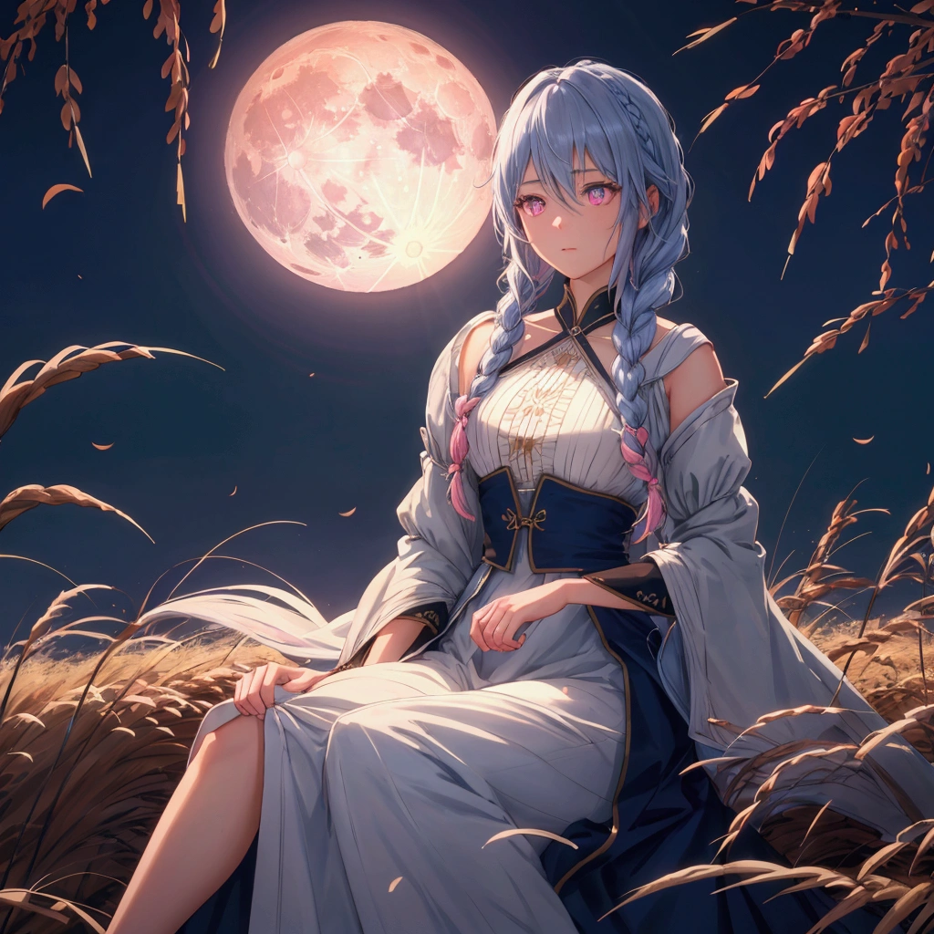 (Braiding),(Sky blue medium hair), (Pink eyes),(Fair skin) ,(whole body),(One Girl),(harvest moon),(A large amount of Miscanthus sinensis in the background),autumn,(full moon),(masterpiece, Highest quality, Very detailed, Best Shadow), (Detailed Background), (Beautifully detailed face), High Contrast, (Best lighting, Very delicate and beautiful), ((Cinematic Light)), Hyper Detail,8k, Dramatic Light, Intricate details