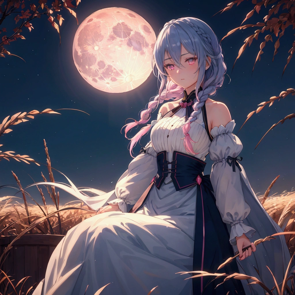 (Braiding),(Sky blue medium hair), (Pink eyes),(Fair skin) ,(whole body),(One Girl),(harvest moon),(A large amount of Miscanthus sinensis in the background),autumn,(full moon),(masterpiece, Highest quality, Very detailed, Best Shadow), (Detailed Background), (Beautifully detailed face), High Contrast, (Best lighting, Very delicate and beautiful), ((Cinematic Light)), Hyper Detail,8k, Dramatic Light, Intricate details
