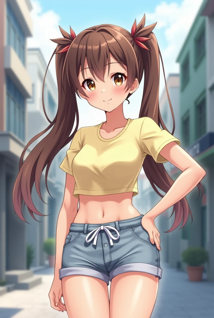 a anime 1girl with brown hair twintails, brown eyes, hand on hip, wearing a crop top and shorts, smile, street, rating_safe