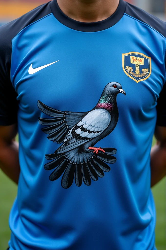 Blue and black team shirt with a pigeon design