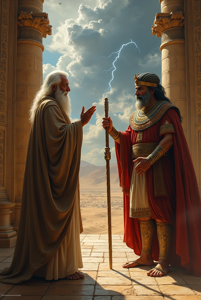 Create a drawing of Moses as the Bible describes him before the Pharaoh and demonstrate some of the plagues of Egypt.