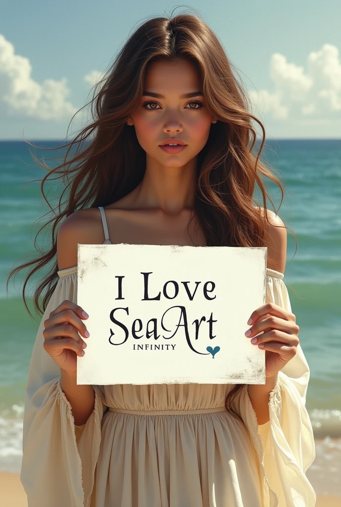 Beautiful girl with wavy long hair, bohemian dress, holding a white board with text "I Love Seaart Infinity" and showing it to the viewer