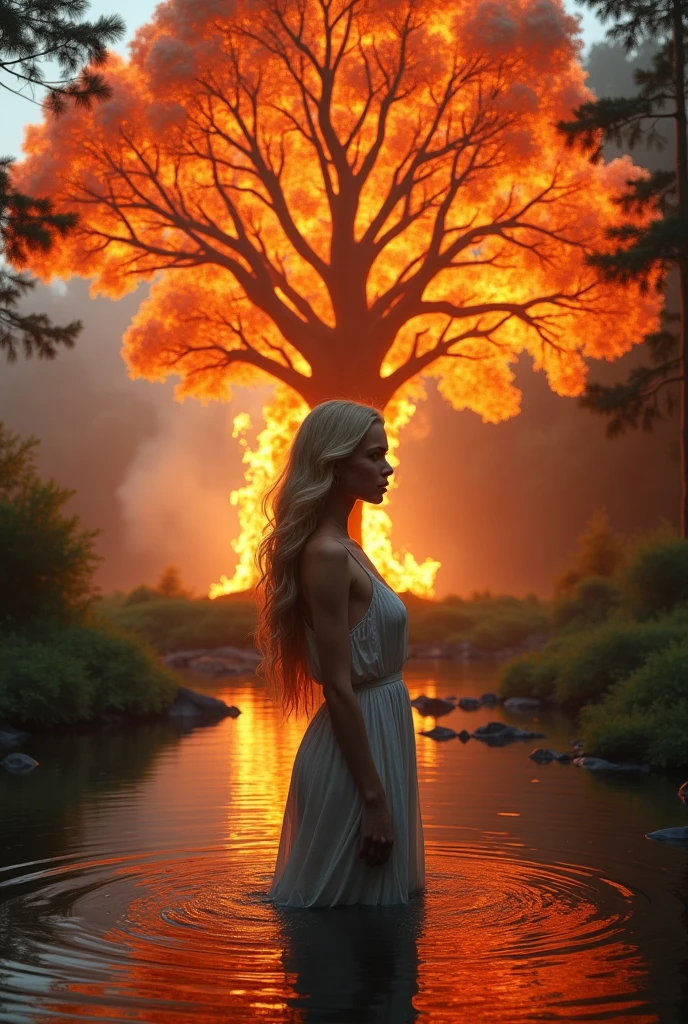 A beautiful blonde woman standing in a calm river, behind her a towering tree engulfed in flames, (best quality,8k,highres,masterpiece:1.2),ultra-detailed,(realistic,photorealistic,photo-realistic:1.37),HDR,UHD,studio lighting,ultra-fine painting,sharp focus,physically-based rendering,extreme detail description,professional,vivid colors,bokeh,intricate details,dramatic lighting,cinematic,serene river,burning tree,natural scenery,dramatic expression
