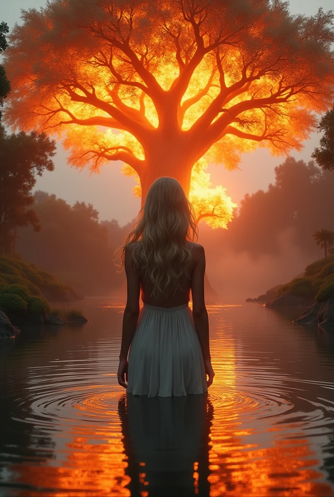 A beautiful blonde woman standing in a calm river, behind her a towering tree engulfed in flames, (best quality,8k,highres,masterpiece:1.2),ultra-detailed,(realistic,photorealistic,photo-realistic:1.37),HDR,UHD,studio lighting,ultra-fine painting,sharp focus,physically-based rendering,extreme detail description,professional,vivid colors,bokeh,intricate details,dramatic lighting,cinematic,serene river,burning tree,natural scenery,dramatic expression