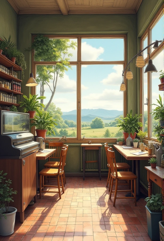 Inside of an old coffee shop、landscape、There is no one、coffee beans、JAZZ、Retro、pastel、watercolor