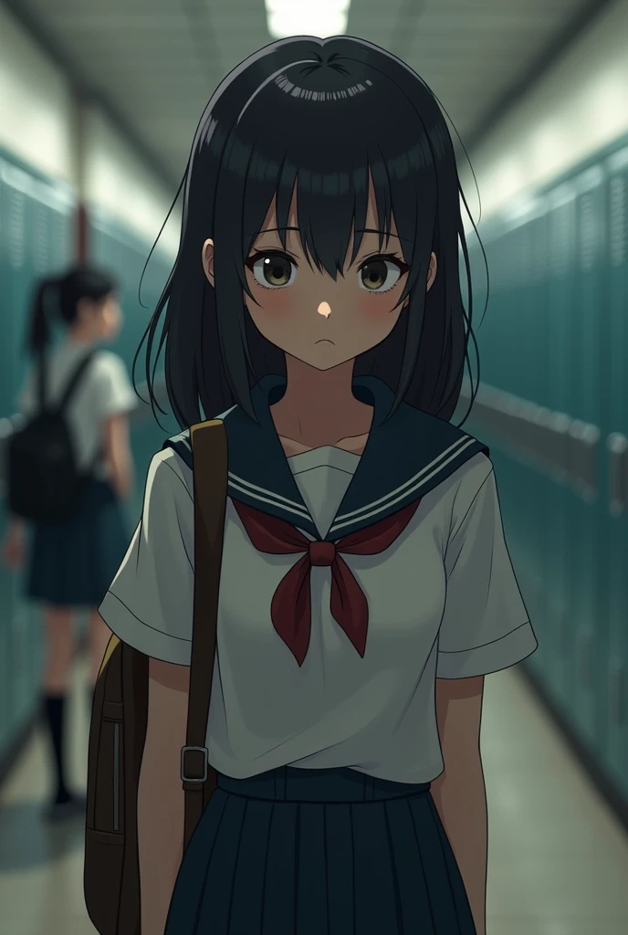 Make a picture of a girl in high school where it shows that she is afraid of starting a new stage when she graduates.
