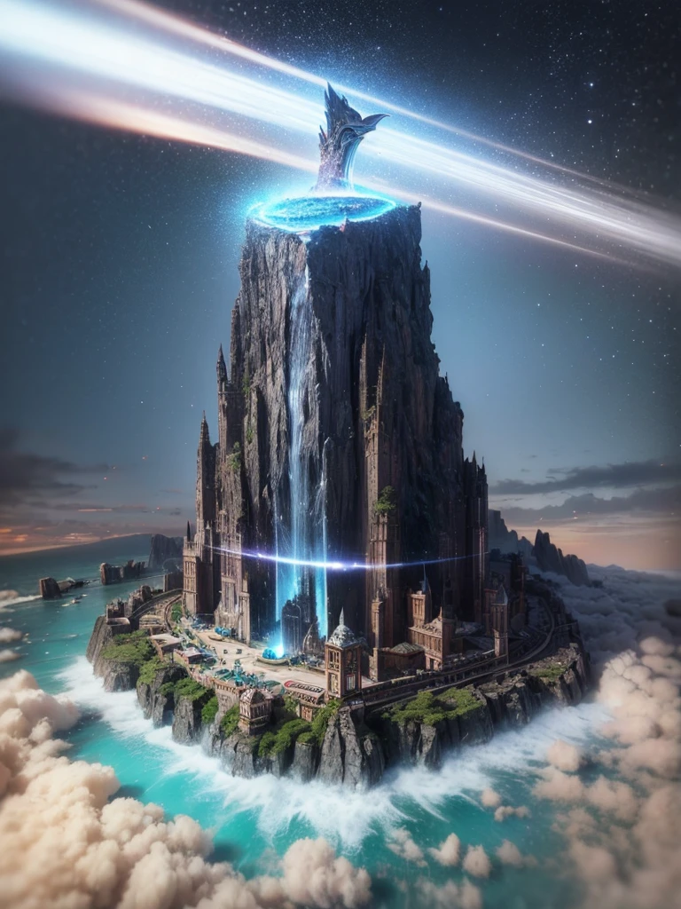 (8k, highest quality, masterpiece, final fantasy style: 1.2), (unRealistic, photoRealistic: 1.37), Dreamy landscape, Fantasy, Unsurreal landscapes, Super detailed, Flying Castle, Floating Island in the Sky, Seven-colored swirl of light, Intense lightning, milky way, Complex Light, Colored light, Large Lake, Starry sky reflected on the lake surface, Countless shining stars, Meteors,  Reflections , (A pillar of light emanated from the ground:1,2),heavenly roses and orchids gardens on the ground , sunset, pink clouds, waterfall in the sky, realistic style, Hyperrealism drawing, a flying pirate spaceship floating at the clouds level, burning skyscrapers, cyborgs, timeless realms, stunning  princess  , floating hair, pink lipstick, cute, naked shoulders ,  circlet, sideless, backless, white mage robe, white leotard, pelvic curtain, leaning forward, casting spell, healing light magic effect, in a magical lagoon of the fairyland, crystal clear water surface reflections, sharp focus, looking at viewer, (close-up:0.9), (bright white theme:1.2), (bright white tone:1.2), (deep blue tone:1.3), realistic, Hyperrealism,