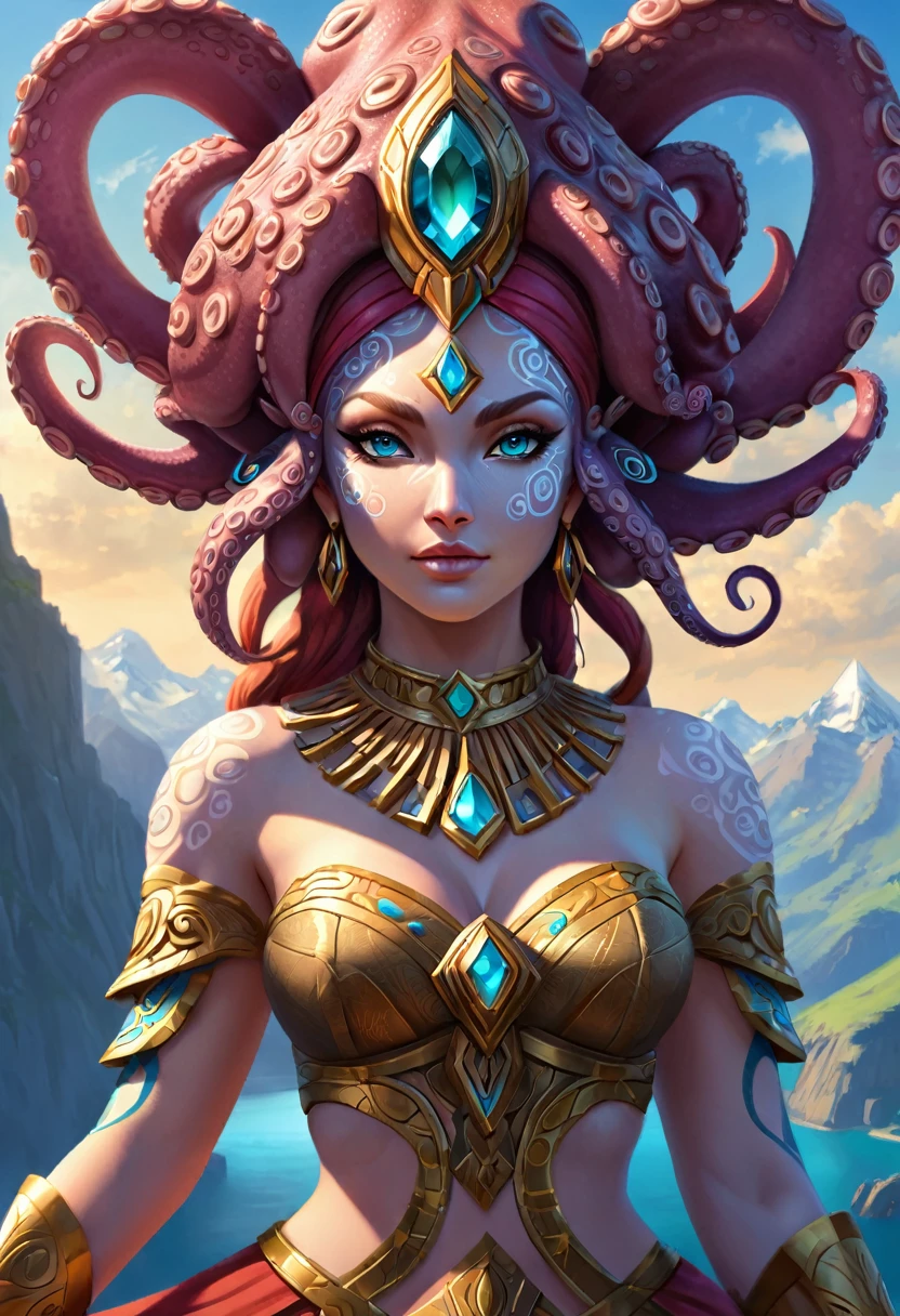 Anthropomorphic female octopus mage. Official Art – Charecter profile. An Award-Winning Digital Masterpiece In 4K Ultra HD, Extreme Detail And Intricate Realism. Symmetrical Face. This Concept Art Brought To Life By The Hands Of Artists Like Wlop & Artgerm In A Stunning 2D Vector Illustration.Background Is A Panoramic Vista.