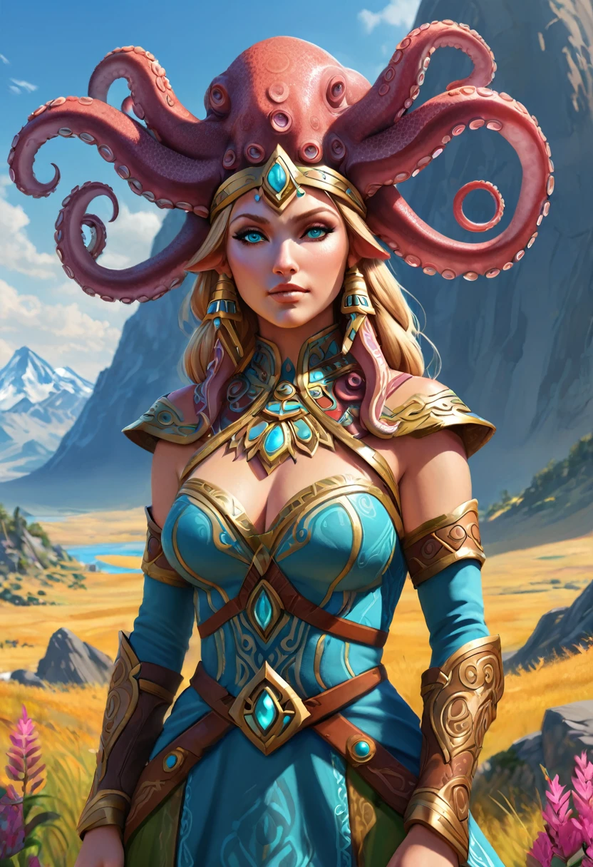 Anthropomorphic feminine octopus enchantress. Official Art – An Award-Winning Digital Masterpiece In 4K Ultra HD, Extreme Detail And Intricate Realism. Symmetrical Face. This Concept Art Brought To Life By The Hands Of Artists Like Wlop & Artgerm In A Stunning 2D Vector Illustration. Breath of the wild. Background Is A Panoramic Vista.