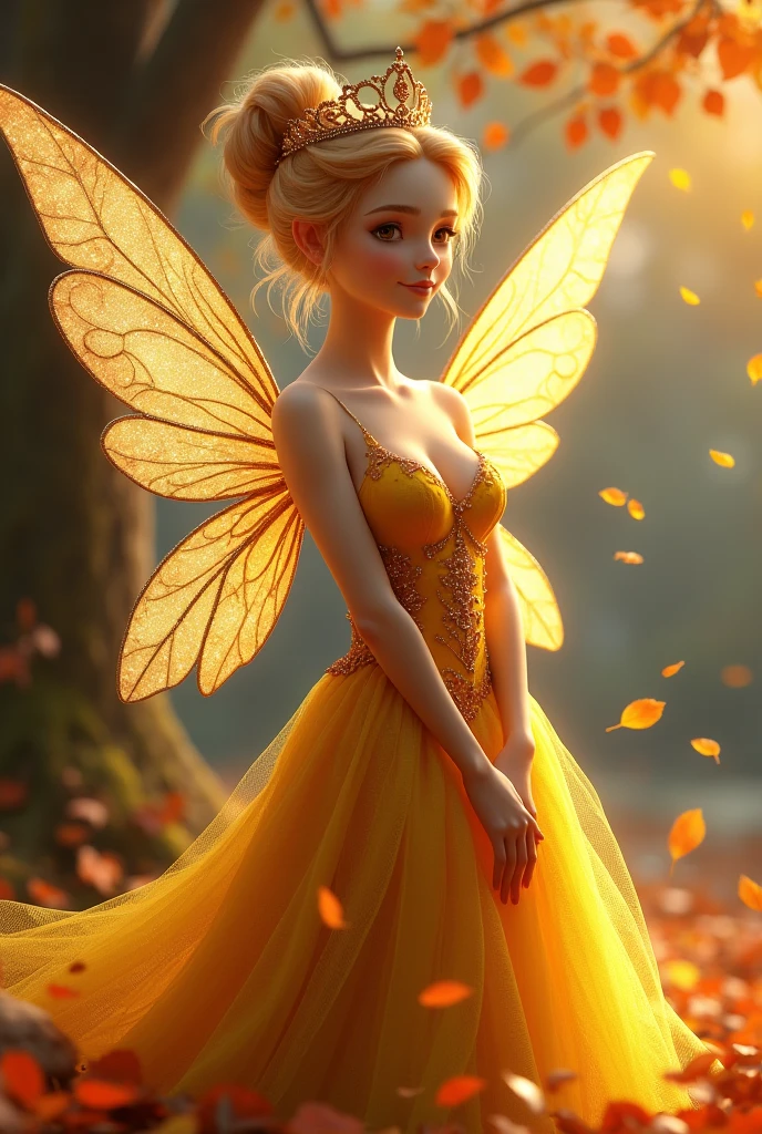A fairy with strawberry blonde hair in a bun, wearing crown and  a beautiful yellow dress and has sparkly gold wings. She is surrounded by autumn leaves.