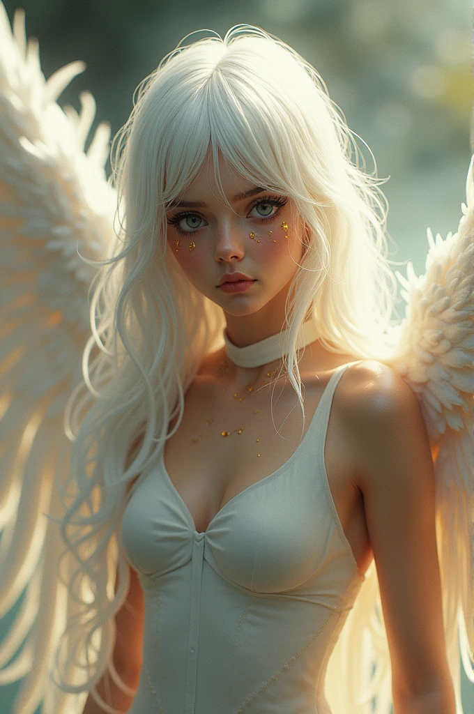 A girl transformed into Ladybug, this girl is an angel with long white hair, white eyes, medium breasts, large wings and golden tears flowing from her eyes.