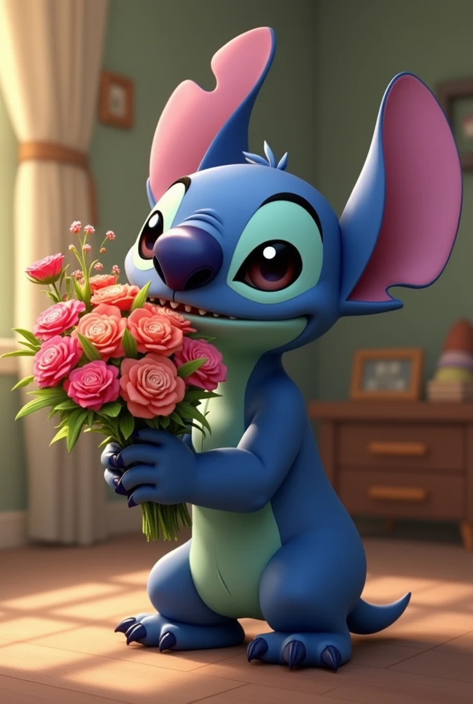 Stitch giving a bouquet of flowers sideways with Haydee&#39;s name coming out of his mouth