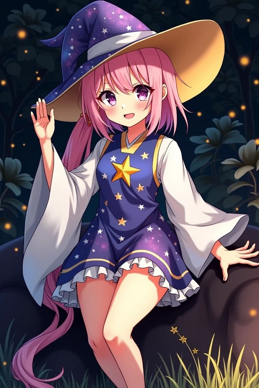 (Anime style jujutsu kaisen)Violet eyes pink hair long pony tail design 14 years old kid (magic mini skirt blue and galaxy with stars dress) cute face with appealing smile golden star emblem (petite body) sitting in the grass ground (with miday light)
