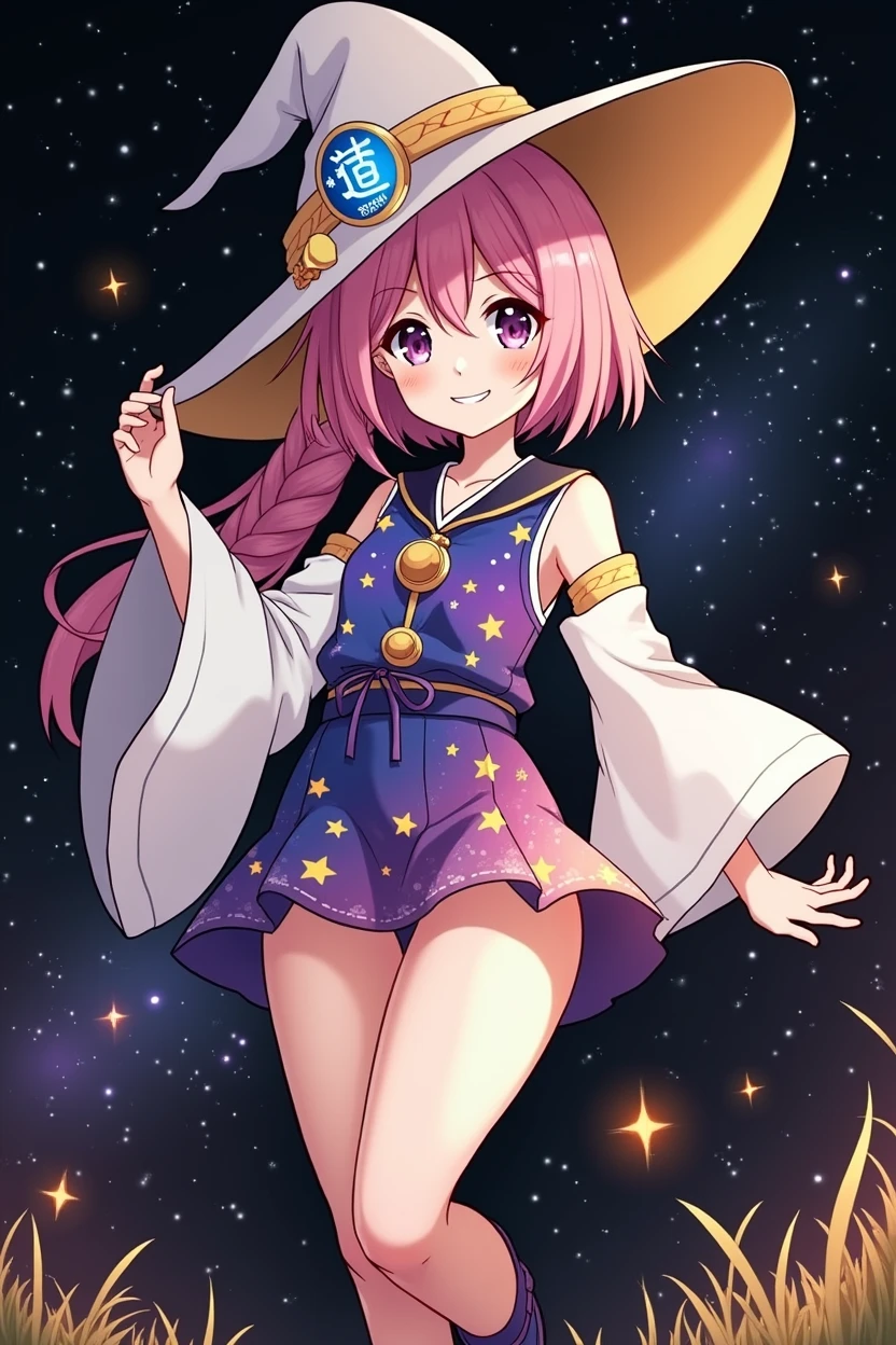 (Anime style jujutsu kaisen)Violet eyes pink hair long pony tail design 14 years old kid (magic mini skirt blue and galaxy with stars dress) cute face with appealing smile golden star emblem (petite body) sitting in the grass ground (with miday light)