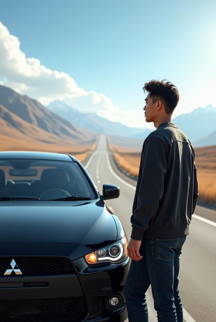 A young 25 year boy park him Mitsubishi nisan black colur car in highways and he look for front side highways