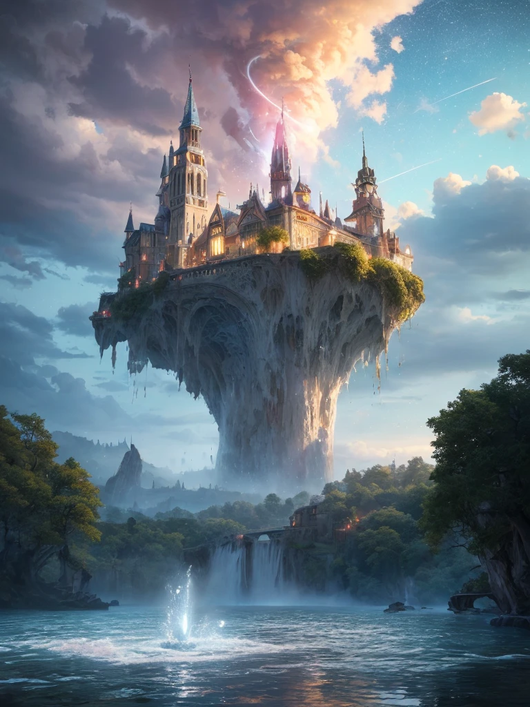(8k, highest quality, masterpiece, final fantasy style: 1.2), (unRealistic, photoRealistic: 1.37), Dreamy landscape, Fantasy, Unsurreal landscapes, Super detailed, Flying Castle, Floating Island in the Sky, Seven-colored swirl of light, Intense lightning, milky way, Complex Light, Colored light, Large Lake, Starry sky reflected on the lake surface, Countless shining stars, Meteors,  Reflections , (A pillar of light emanated from the ground:1,2), roses and orchids gardens , sunset, pink clouds, waterfalls in the sky, realistic style, Hyperrealism drawing, a flying pirate spaceship floating at the clouds level, burning skyscrapers, cyborgs, timeless realms, stunning  princess  , floating hair, pink lipstick, cute, naked shoulders ,  casting spell, healing light magic effect, in a magical lagoon of the fairyland, crystal clear water surface reflections, sharp focus, looking at viewer, (close-up:0.9), (bright white theme:1.2), (bright white tone:1.2), (deep blue tone:1.3), realistic, Hyperrealism,