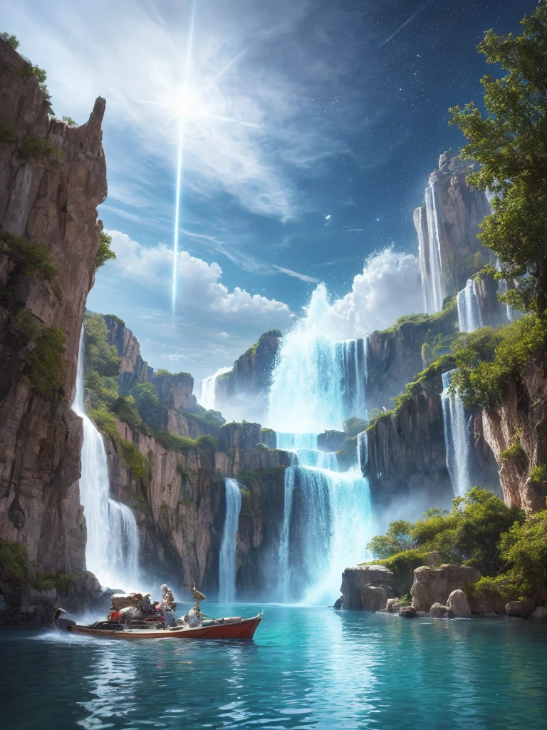 (8k, highest quality, masterpiece, final fantasy style: 1.2), (unRealistic, photoRealistic: 1.37), Dreamy landscape, Fantasy, Unsurreal landscapes, Super detailed, Flying Castle, Floating Island in the Sky, Seven-colored swirl of light, Intense lightning, milky way, Complex Light, Colored light, Large Lake, Starry sky reflected on the lake surface, Countless shining stars, Meteors,  Reflections , (A pillar of light emanated from the ground:1,2), roses and orchids gardens , sunset, pink clouds, waterfalls in the sky, realistic style, Hyperrealism drawing, a flying pirate spaceship floating at the clouds level, burning skyscrapers, cyborgs, timeless realms, stunning  princess  , floating hair, pink lipstick, cute, naked shoulders ,  casting spell, healing light magic effect, in a magical lagoon of the fairyland, crystal clear water surface reflections, sharp focus, looking at viewer, (close-up:0.9), (bright white theme:1.2), (bright white tone:1.2), (deep blue tone:1.3), realistic, Hyperrealism,