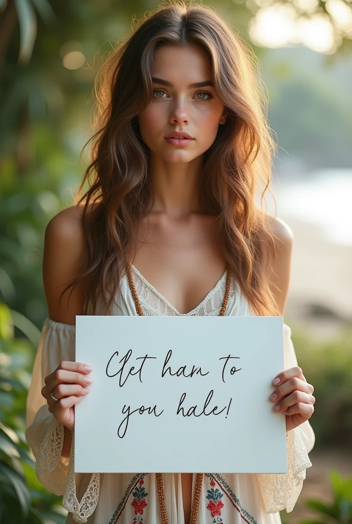Beautiful girl with wavy long hair, bohemian dress, holding a white board with text "I Love Seaart Infinity" and showing it to the viewer