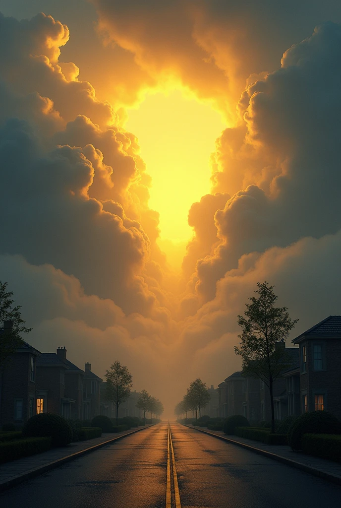 ((Best resolution:1.4)), ((high quality:1.2)), Work of art, 8k, extremely detailed, ((High detail:1.2)), cinematic photo, a very beautiful technological city, modern houses and trees, mid night sky, (clouds opening in the sky with a yellow light, from the yellow light comes Jesus Christ in the dim of times),