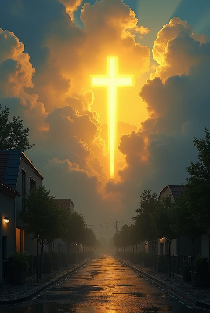 ((Best resolution:1.4)), ((high quality:1.2)), Work of art, 8k, extremely detailed, ((High detail:1.2)), cinematic photo, a very beautiful technological city, modern houses and trees, mid night sky, (clouds opening in the sky with a yellow light, from the yellow light comes Jesus Christ in the dim of times), 