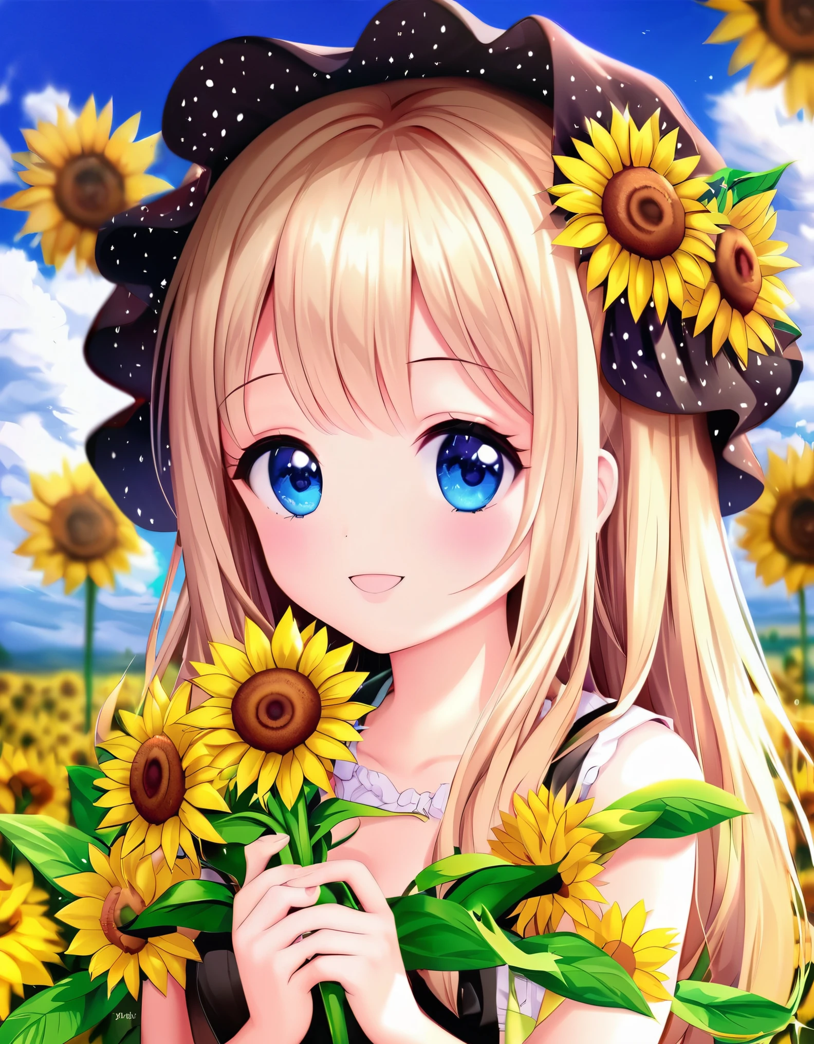 blue sky、White cloud、Summer sky、A flower field、Cartoon girl holding flowers and a big flower, Cute digital art, Cute and detailed digital art, Cute cartoon character, Cute art style, Adorable digital painting, Wearing a floral dress, Cute cartoon, Beautiful sunflower anime girl, realistic pretty girl painting, Digital cartoon painting art, Cute artwork, Cute Colorful Adorable, pretty girl, Cartoon style cute, Girl with a flower face