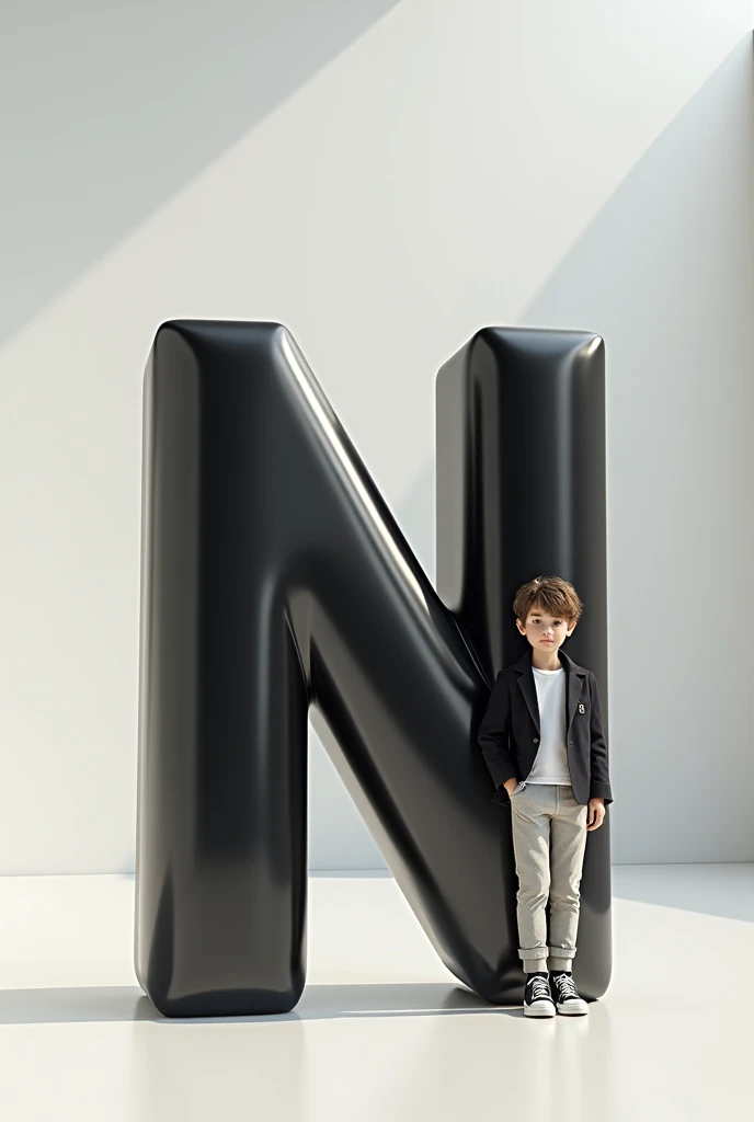Create an image featuring a large, glossy, “N” 3D letter in the foreground with a boy leaning casually against it. The person should be dressed in stylish, monochromatic clothing and have