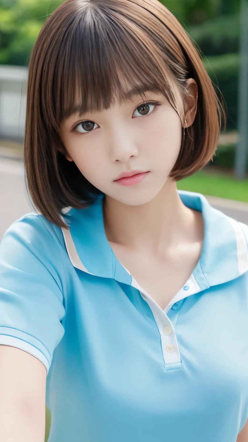 1 girl, solo, white polo shirt, white sneakers, tennis wear, white mini skirt, masterpiece, top quality, realistic, hyper detail, (glossy skin, sweaty: 1.4), absurdity, angle from below, short black hair, brown eyes, slender, dynamic lighting, high resolution, sharp focus, depth of field, detailed eyes, sharp eyes, realistic eyes, (small: 1.4), ( Thick thighs: 1.0), outdoor, sky