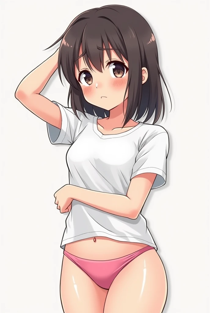 A 16 years old girl, with embarrassed face, small height, hug tits in her white wet t-shirts and cute pink little pantie, manga art style