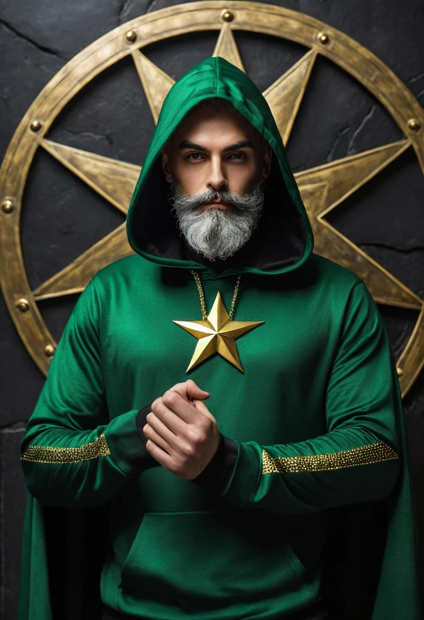 make a realistic thin man with gray hair and beard, your eyes are bright green in color, He wears a modern superhero-inspired costume in dark green and black with gold accents., he is wearing a black hoodie with green, on his chest he has a metallic symbol in gold in the shape of an eight-pointed star, his hand is raised to show the shiny ring with an eight-pointed star symbol on his finger, he uses a mask to hide his identity. the background is a dark and mysterious museum.