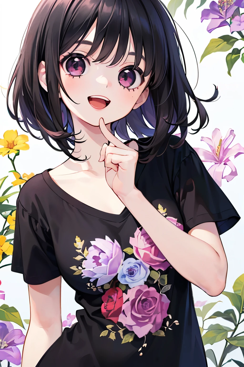 (beautiful young boy:1.3),(Small breasts 1.0),((black hair:1.2)),(Medium wave hair:1.1),(purplered eyes:1.2),(PRİNCESS:1.1),(short sleeve lace blouse:1.2),(Clothes with botanical patterns:1.25),(A big smile with an open mouth:1.35),(apparel shop,cloth shop:1.25),(Top view:1.1),(Close-up of face:1.0),(Fight pose:1.0).