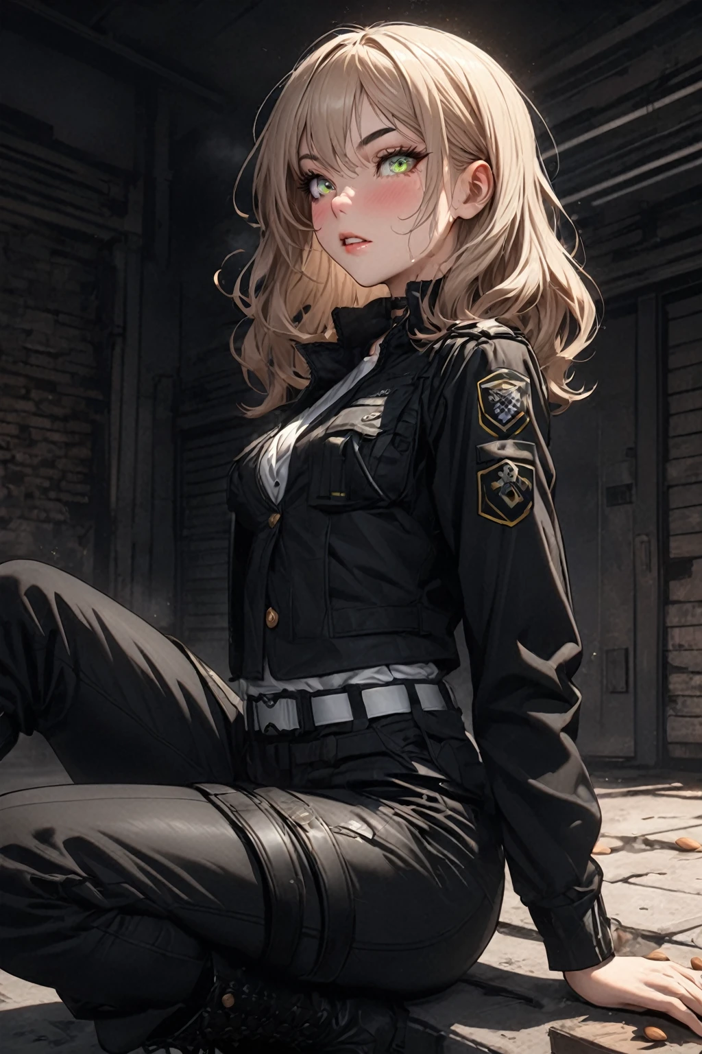 ((best quality)), ((artwork)), Sex/Gender=Female, Nationality= German
Ethnicity= White
Age= 24
Hair= Light brown, wavy, tousled, medium
Eyes= Almond-shaped, green, long eyelashes
Body= 5’1”, 155 cm small. Busty, , athletic and slim build
Face= Oval-shaped, thin brows, button nose and full lips
Features= Fair skin, mischievous and sloppy appearance
Outfit= Black tactical uniform. short jacket, white shirt, military pants, leather boots