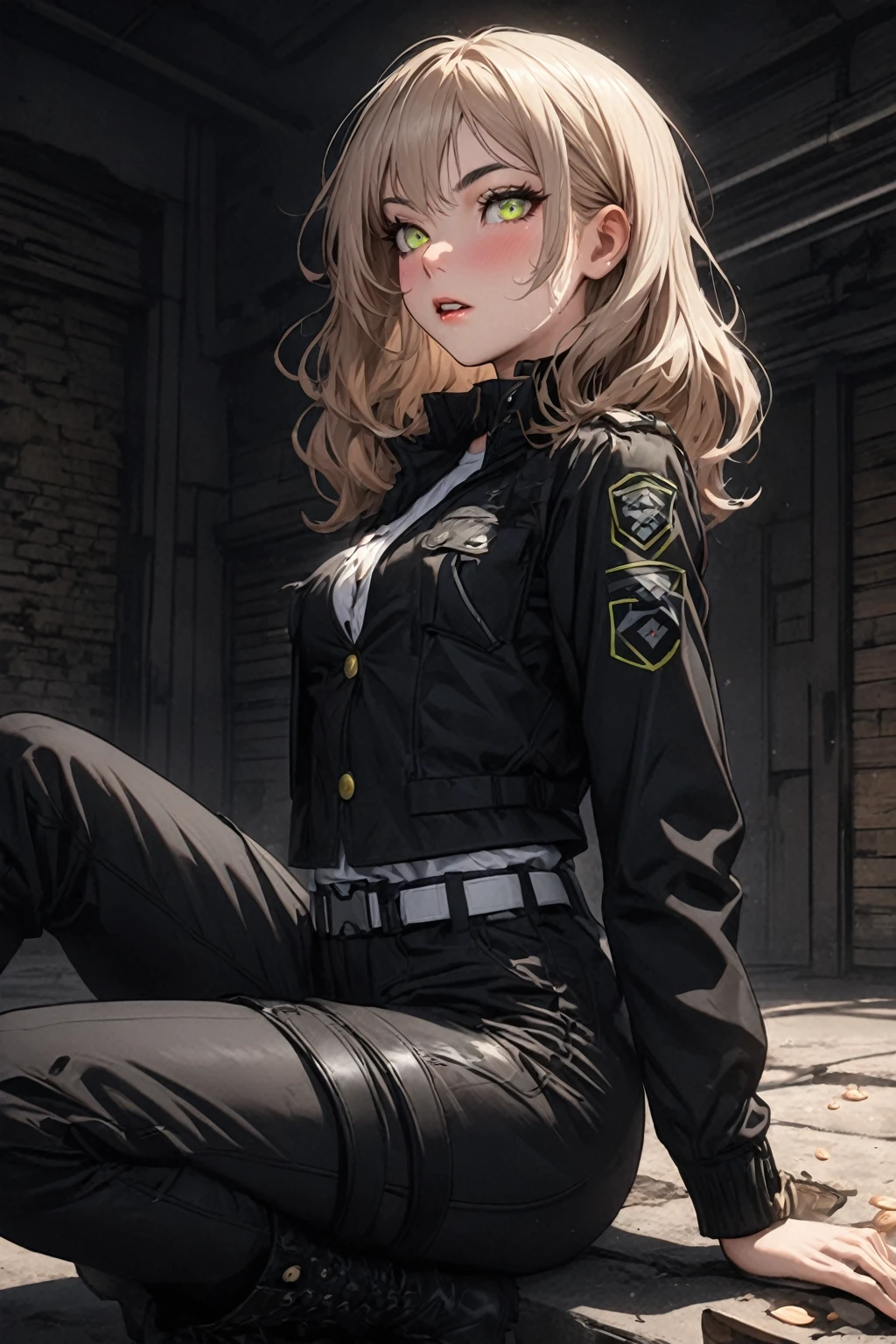((best quality)), ((artwork)), Sex/Gender=Female, Nationality= German
Ethnicity= White
Age= 24
Hair= Light brown, wavy, tousled, medium
Eyes= Almond-shaped, green, long eyelashes
Body= 5’1”, 155 cm small. Busty, , athletic and slim build
Face= Oval-shaped, thin brows, button nose and full lips
Features= Fair skin, mischievous and sloppy appearance
Outfit= Black tactical uniform. short jacket, white shirt, military pants, leather boots