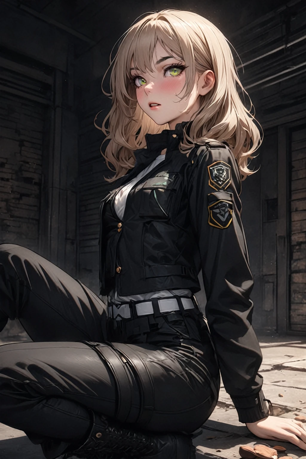 ((best quality)), ((artwork)), Sex/Gender=Female, Nationality= German
Ethnicity= White
Age= 24
Hair= Light brown, wavy, tousled, medium
Eyes= Almond-shaped, green, long eyelashes
Body= 5’1”, 155 cm small. Busty, , athletic and slim build
Face= Oval-shaped, thin brows, button nose and full lips
Features= Fair skin, mischievous and sloppy appearance
Outfit= Black tactical uniform. short jacket, white shirt, military pants, leather boots