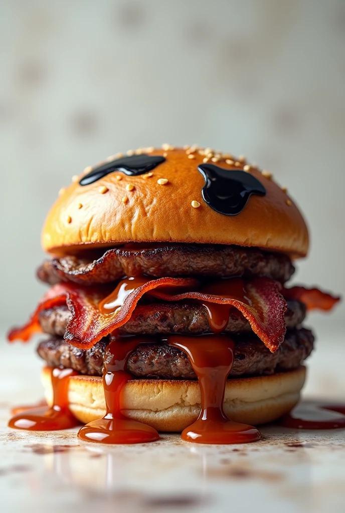 Realistic hamburger bun with cow print, with 3 meats and lots of sauce