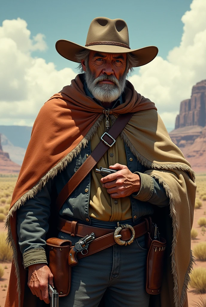 Old West White Man, with advanced age, side bag, hat, two pistols and a poncho
