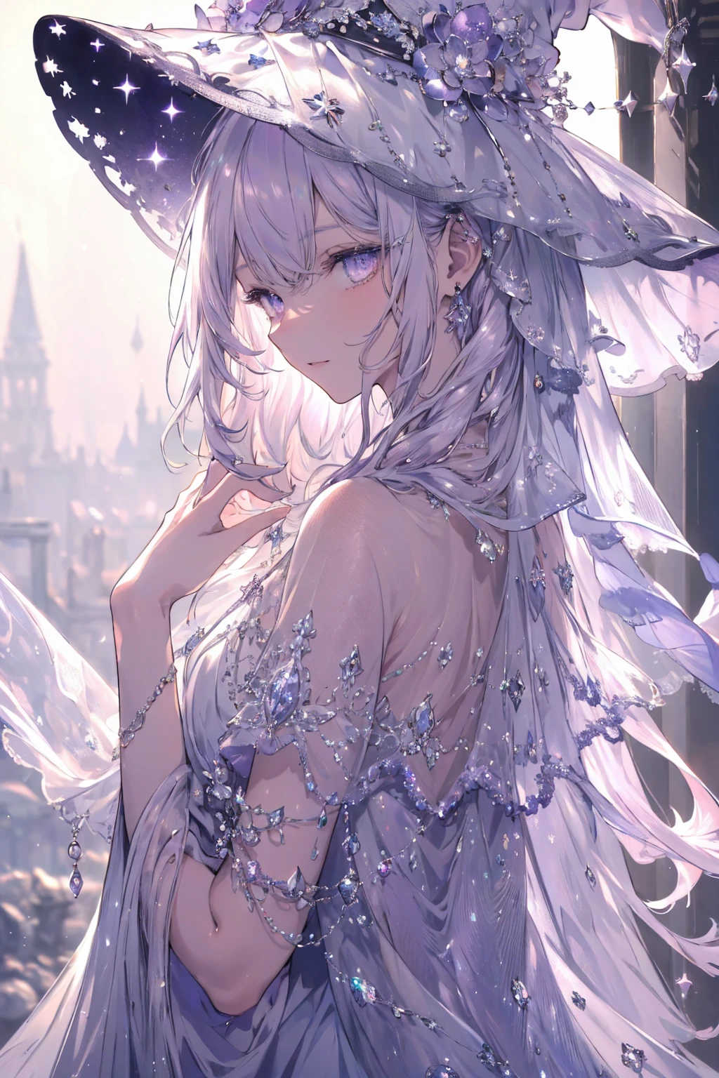 High definition RAW color art, Animation,sculptures, Silver Marble Skin, (((Ultra detailed elegant))), Magical atmosphere, Detailed skin, Texture,(Intricately detailed, Fine detail, ultra-detail art), depth of fields, Bokeh, Silky Touch, Hyper Detail, white background, (pastel purple), beautiful eyes, elegant face, looking back, witchcraft hat, magic