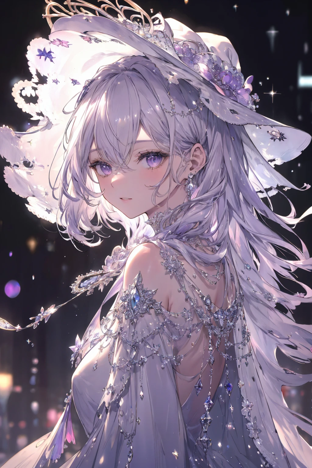 High definition RAW color art, Animation,sculptures, Silver Marble Skin, (((Ultra detailed elegant))), Magical atmosphere, Detailed skin, Texture,(Intricately detailed, Fine detail, ultra-detail art), depth of fields, Bokeh, Silky Touch, Hyper Detail, white background, (pastel purple), beautiful eyes, elegant face, looking back, witchcraft hat, magic