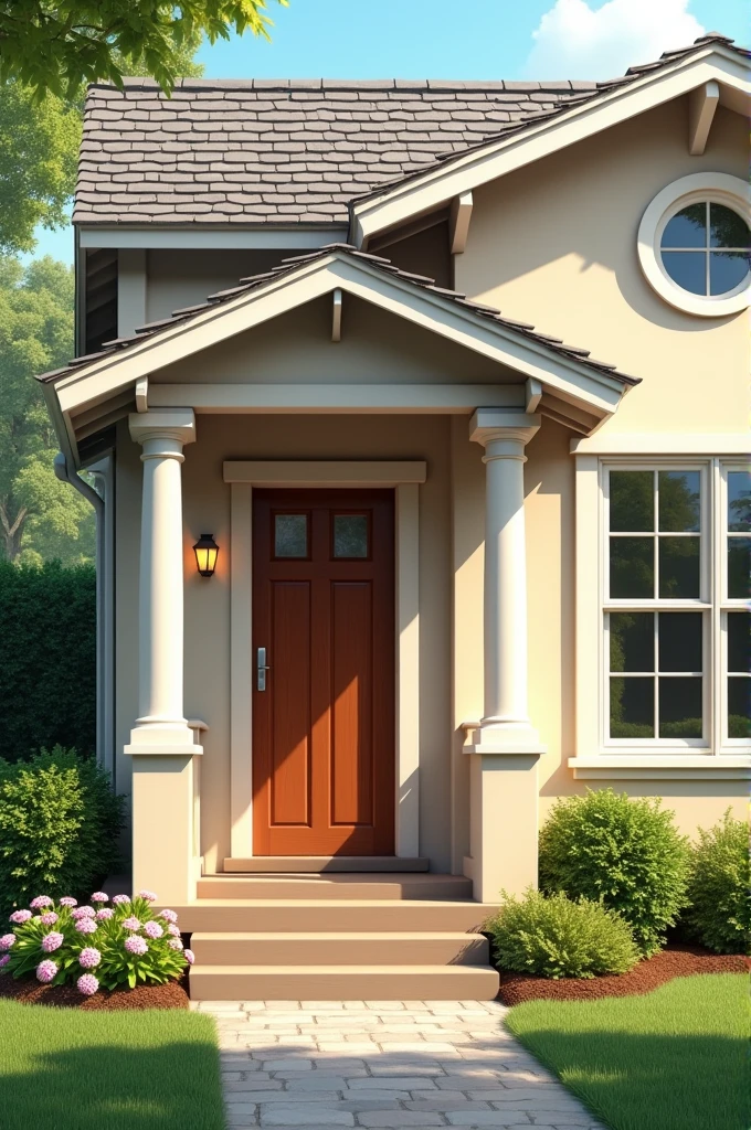 The facade of my house is simple and cozy. It is painted in a soft beige color, with white moldings around the windows and doors. There is a small porch at the entrance with two steps leading to the front door.. The door is made of wood, painted in a deep brown tone. There are two large windows on either side of the door., which allows a lot of natural light to enter the house. A small garden with colorful flowers and green bushes borders the front of the house., adding a touch of nature to the outdoors. The roof is sloping and covered with dark grey tiles..