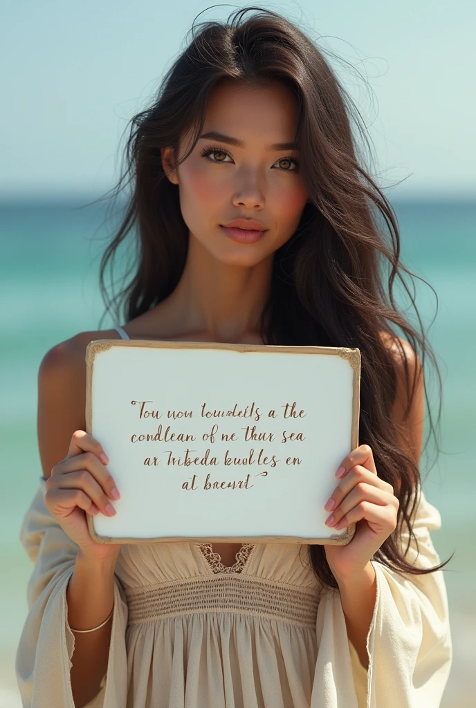 Beautiful girl with wavy long hair, bohemian dress, holding a white board with text "I Love Seaart Infinity" and showing it to the viewer