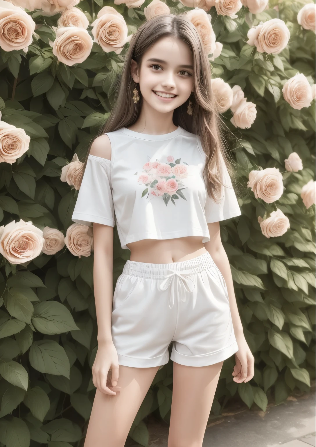 Masterpiece, a young beautiful girl, smiling, looking at the camera, standing in front of a clump of roses, wearing shorts and t-shirt, white sneakers. Wearing a top and shorts, flowers, full-body photo, casual pose, slender legs