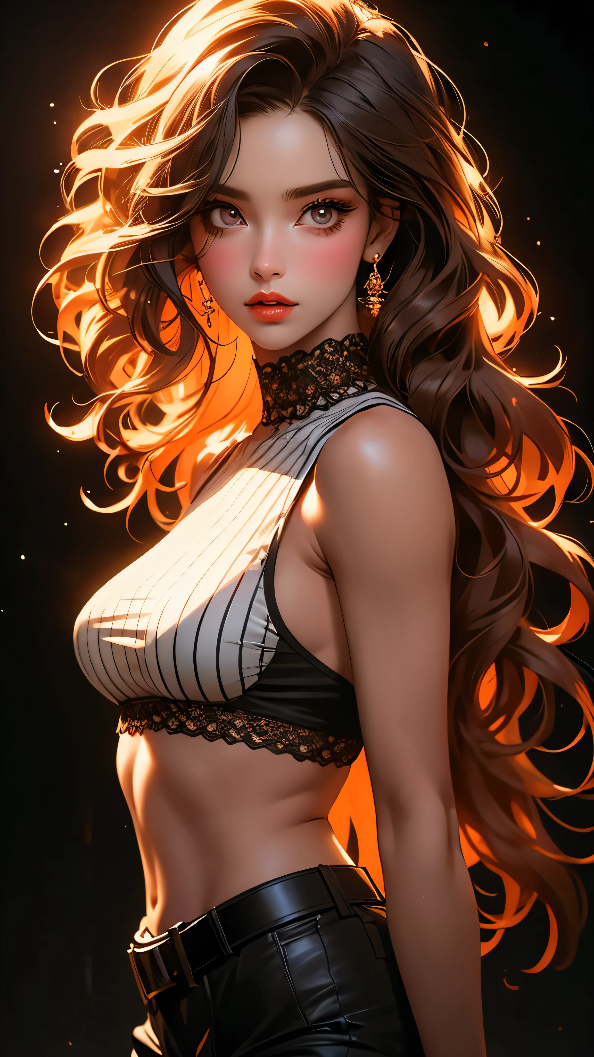 1girl, striped thigh-highs, red and white striped stockings, shorts, black crop top tucked into shorts, belt, long curly hair, beautiful detailed eyes, beautiful detailed lips, extremely detailed face, longeyelashes, medium bust, nipples covered, studio lighting, highly detailed, cinematic lighting, photorealistic, realistic skin texture, dynamic pose, intricate details, warm color palette, glowing skin, hyper detailed, vibrant colors, award winning photography, ethereal, elegant, alluring, portrait